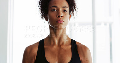 Buy stock photo Thinking, sweating and woman in gym, workout and calm with break, resting and wellness. Healthy person, athlete and runner in center, challenge and wonder with determination, training and fitness