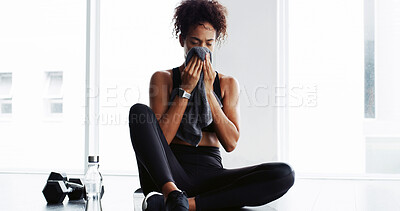 Buy stock photo Girl, gym and towel for sweat on floor, exercise and break with wellness, training and tired. Woman, exhausted and eyes closed with fatigue, burnout and rest for workout at fitness at health club