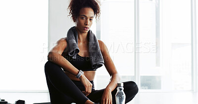 Buy stock photo Girl, gym and portrait on floor, exercise and break with water bottle, wellness and pride at training. Woman, exhausted and workout with fatigue, burnout and rest at fitness club in Costa Rica