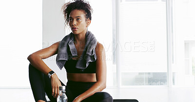 Buy stock photo Thinking, fitness and woman in gym, tired and towel with break, fatigue and wellness. Healthy person, athlete and runner in center, challenge and wonder with workout, training and exhausted with rest
