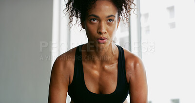 Buy stock photo Thinking, fitness and woman in gym, breathing and wellness with rest, tired and sweating. Healthy person, space and athlete with fatigue, challenge and wonder with workout, training and exhausted