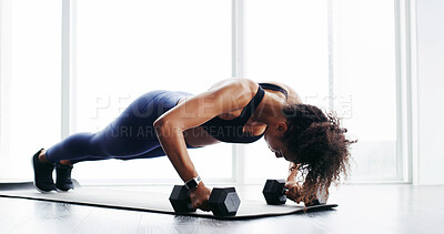 Buy stock photo Girl, dumbbells and push up on floor, gym and balance with power, challenge and exercise in morning. Woman, bodybuilder and strong with equipment, fitness and growth with change at wellness club