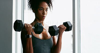 Buy stock photo Dumbbells, fitness and weightlifting with woman in home gym for strength training or workout. Breathing, exercise and intensity with bodybuilder person in apartment for challenge or performance