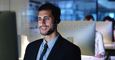 Buy stock photo Night, contact or businessman in call center with computer, communication or sales at help desk. Virtual assistant, consultant or customer service agent with mic headset, online support or advice