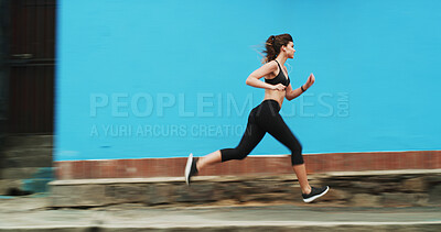 Buy stock photo Running, motion and woman on street, outdoor and practice for marathon in morning, exercise and fitness. Healthy, runner and person on road for workout, athlete and training with energy for sports