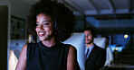 Overtime, help or businesswoman in call center with computer, communication or sales in night. Virtual assistant, consultant or customer service agent with mic headset, online support or loan advice
