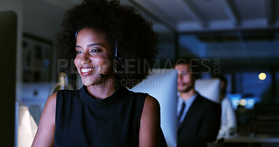 Buy stock photo Overtime, help or businesswoman in call center with computer, communication or sales in night. Virtual assistant, consultant or customer service agent with mic headset, online support or loan advice