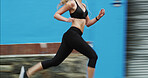 Running, healthy and woman on street, outdoor and practice for marathon in morning, exercise and fitness. Speed, runner and person on road for workout, athlete and training with energy for sports