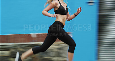 Buy stock photo Running, speed and woman on street, outdoor and practice for marathon in morning, exercise and fitness. Healthy, runner and person on road for workout, athlete and training with energy for sports