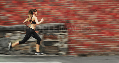 Buy stock photo Running, workout and woman on street, fitness and practice for marathon in morning, exercise and blurred. Outdoor, runner and person on road for sports, athlete and training with energy for speed