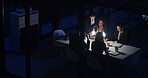 Discussion, business people and night meeting for proposal, partnership and collaboration in office. Above, group and teamwork conversation in boardroom for deal, deadline or unity with documents