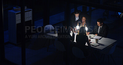 Buy stock photo Discussion, business people or night meeting for proposal, partnership or collaboration in office. Above, group or teamwork conversation in boardroom for strategy, deadline or information in document