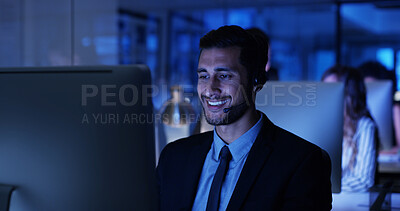 Buy stock photo Night, computer or businessman in call center with smile, communication or advice at help desk. Virtual assistant, overtime or customer service agent with mic headset, online support or feedback