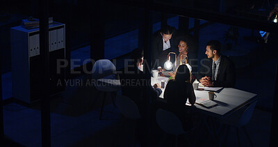 Buy stock photo Teamwork, business people and night meeting for proposal, partnership and collaboration in office. Above, group and overtime conversation in boardroom for strategy, deadline or info with documents