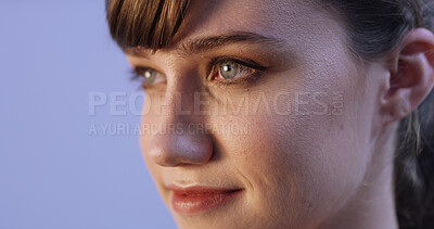 Buy stock photo Studio, profile and face of happy woman with thinking, smile and positive attitude in inspiration for university education. Smile, idea and student girl with future vision on purple background space