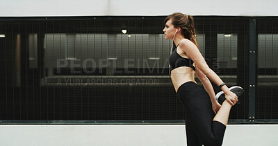 Buy stock photo Sports, city and woman with warm up exercise for running with race, marathon or activity training. Fitness, health and female person stretching legs for cardio workout with wellness in urban town.