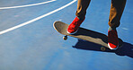 Skateboard, skill and person learning trick for outdoor hobby, activity or challenge at park. Sports, gen z and legs of teenager skater with sneakers for skating training for competition in city.