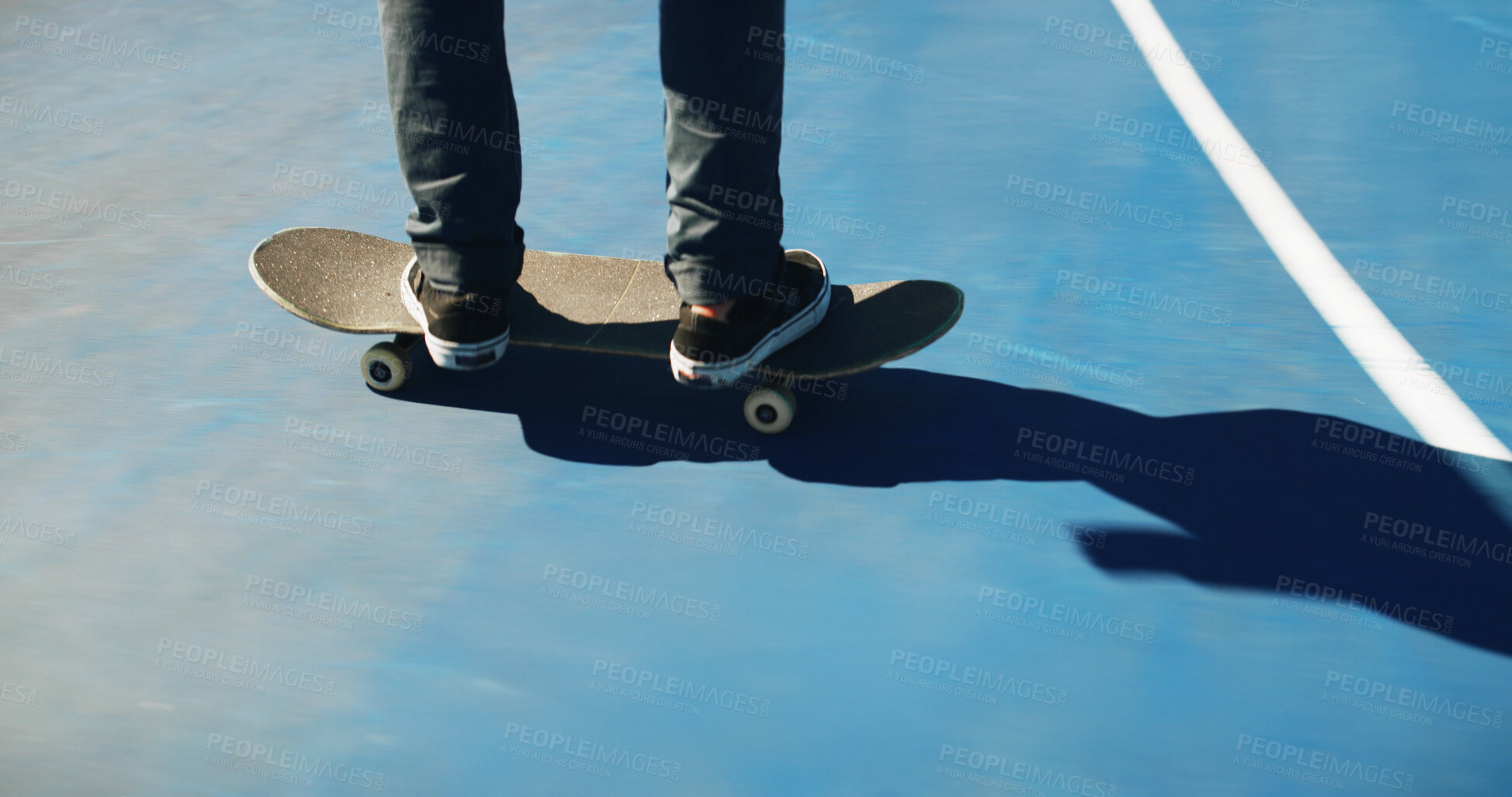Buy stock photo Skateboard, shoes and person outdoor for fitness, competition challenge or sport. Skate park, legs and riding for action with performance, practice balance or hobby for exercise on court for training
