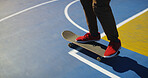 Skating, feet and person learning trick for outdoor hobby, activity or challenge at park. Sports, gen z and legs of teenager with sneakers for training on skateboard with skills for competition.
