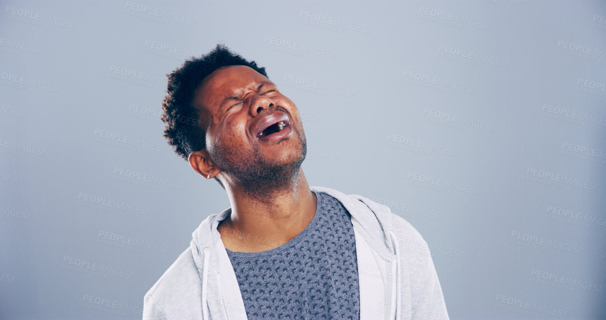 Buy stock photo Grief, man and sad with crying in studio for broken heart, emotional and mourning loss. Mockup, black person and unhappy on gray background with sorrow, depression and pain from trauma or bad news