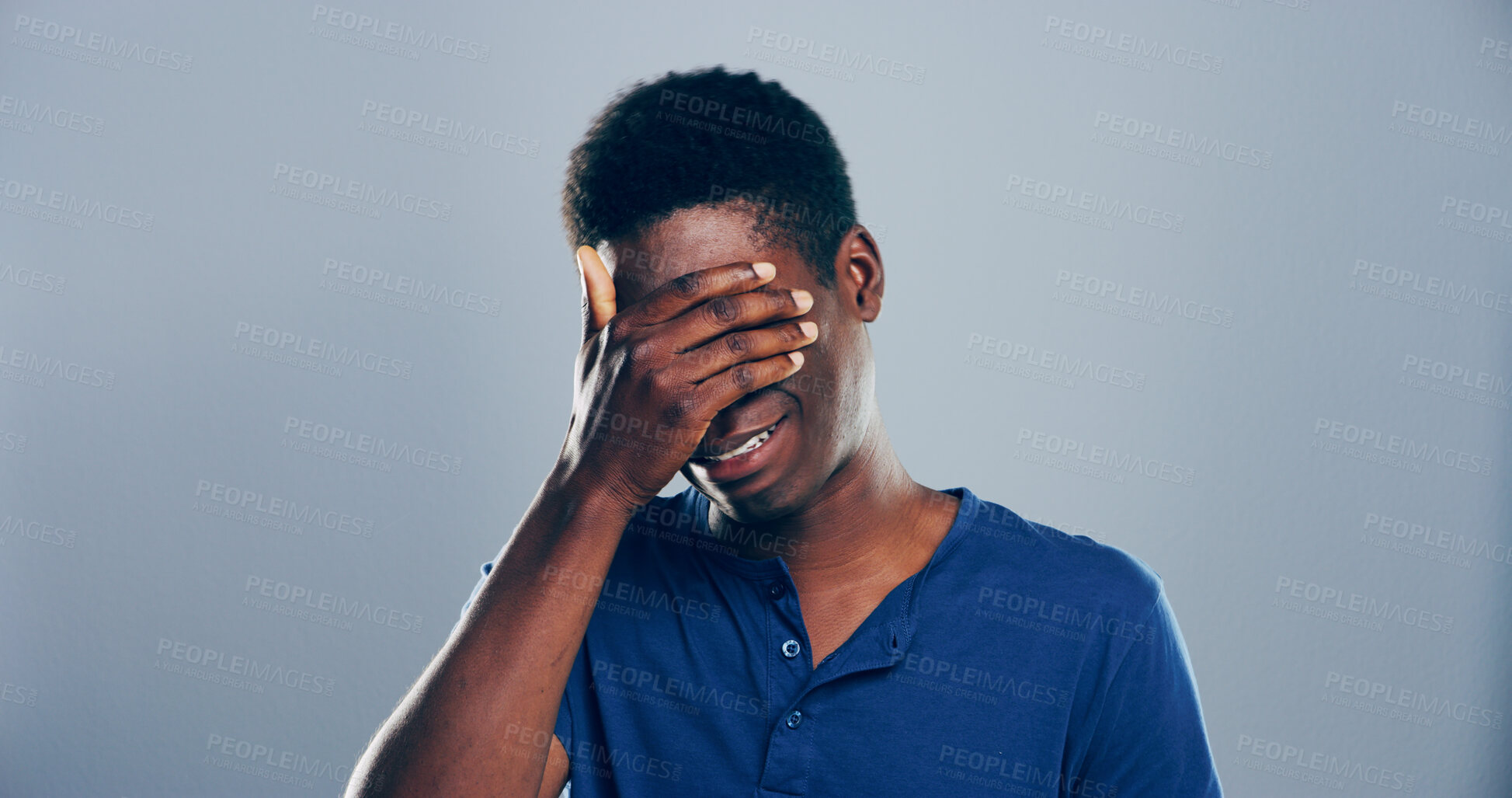 Buy stock photo Sad, black man and depression with mistake, breakup or pain in studio for mental breakdown on a gray background. Male person, expression or sulk eyes with tears for broken heart or failure on space