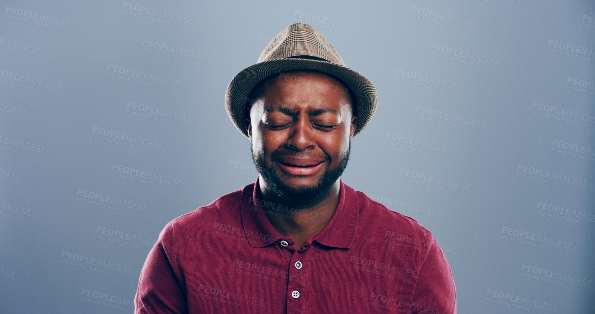 Buy stock photo Depression, black man and sad with crying in studio for broken heart, trauma and emotional breakup. Mockup space, person and unhappy on gray background with mental breakdown, bad news and loneliness