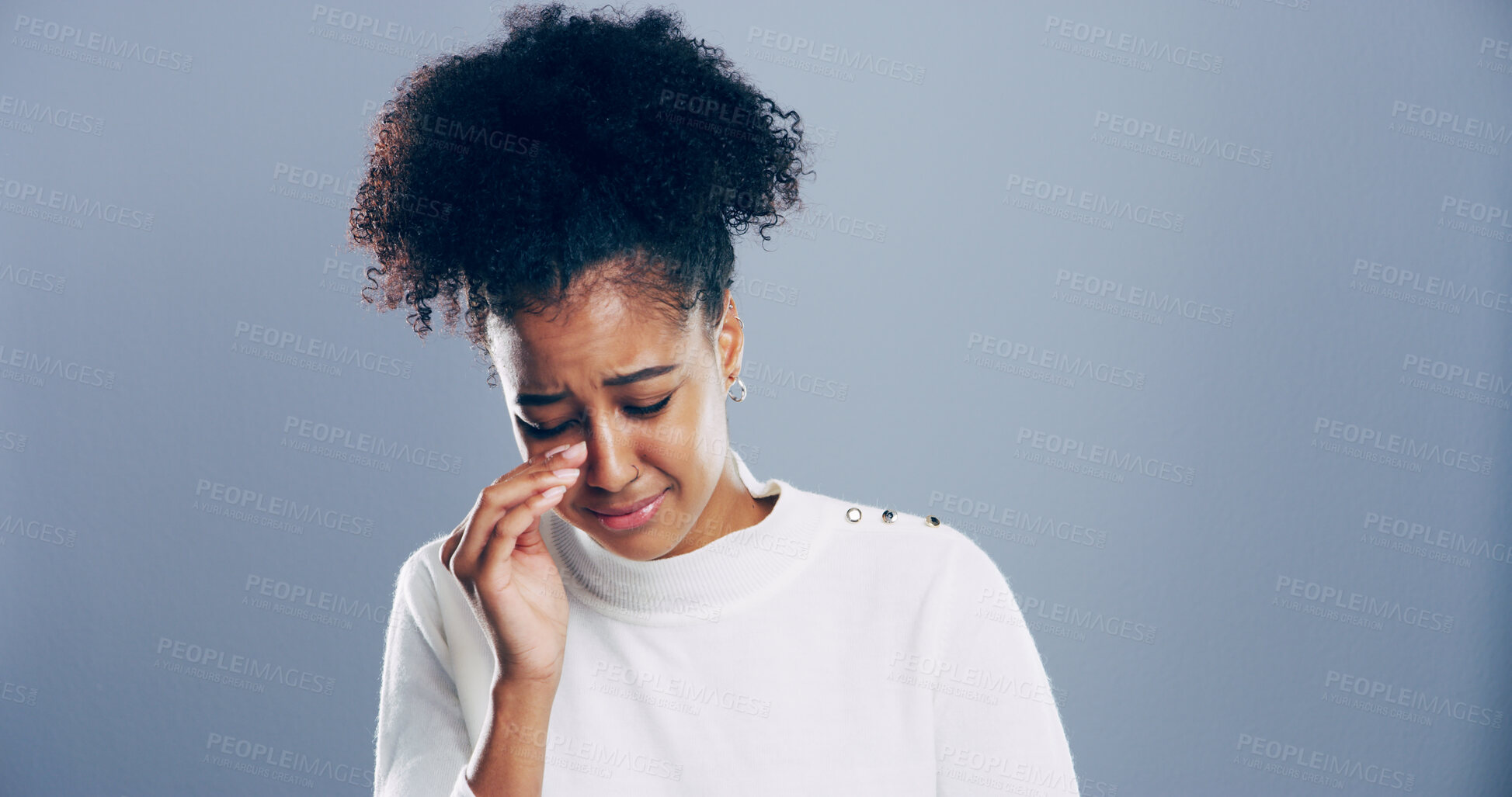 Buy stock photo Crying, girl and sad with depression in studio for broken heart, trauma memory and mourning loss. Mockup space, unhappy person and emotional on gray background with grief, mental health and bad news