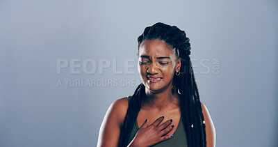 Buy stock photo Sad, black woman and crying emotion in studio for mourning loss, broken heart and bad news. Grief, mockup space and person with depression, mental health and ptsd for trauma memory on gray background