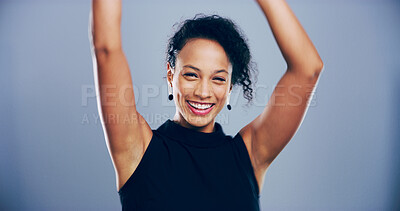 Buy stock photo Dance, portrait and smile of happy woman in studio for celebration, clubbing or party fun. Energy, moving and music with excited dancer person on gray background mockup for choreography or rhythm