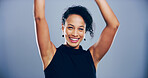 Dance, portrait and smile of happy woman in studio for celebration, clubbing or party fun. Energy, moving and music with excited dancer person on gray background mockup for choreography or rhythm