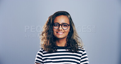 Buy stock photo Portrait, space and student with woman in studio for writer, education or learning. College, scholarship and university with creative person on gray background mockup for journalism or study