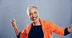 Dance, energy and portrait of excited woman in studio for celebration, clubbing or party fun. Moving, music and smile of happy dancer person on gray background mockup for beat, choreography or rhythm