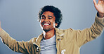 Dance, energy and portrait of happy man on gray background for celebration, clubbing or party fun. Moving, music and smile of excited dancer person on studio mockup for beat, choreography or rhythm