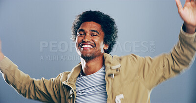 Buy stock photo Dance, energy and portrait of happy man on gray background for celebration, clubbing or party fun. Moving, music and smile of excited dancer person on studio for beat, choreography or rhythm