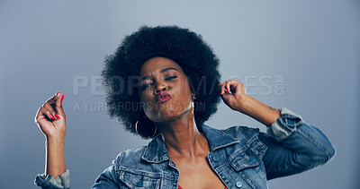 Buy stock photo Dance, portrait and pouting with black woman in studio for celebration, clubbing or party fun. Afro, moving and music with flirty dancer person on gray background for choreography or rhythm.