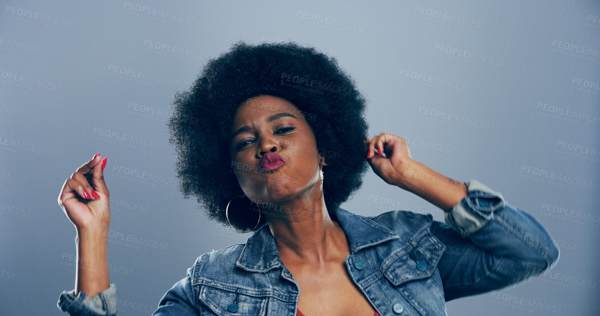 Buy stock photo Dance, portrait and pouting with black woman in studio for celebration, clubbing or party fun. Afro, moving and music with flirty dancer person on gray background for choreography or rhythm.