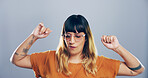 Dance, energy and glasses with woman in studio for celebration, clubbing or party fun. Moving, music and serious with dancer person on gray background mockup for beat, choreography or rhythm
