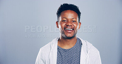 Buy stock photo Fashion, studio and portrait of man, laughing and excited for scholarship in university, trendy and outfit. Mockup space, blue background and black person with stylish clothes, guy or happy in Kenya