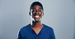 Fashion, studio and portrait of man, student and excited for scholarship in university, trendy and outfit. Mockup space, blue background and person with clothes, tshirt and guy with smile in Angola