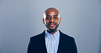 Happy, black man or portrait with fashion for business attire, garment or style on a gray background. Face, businessman or African model with smile in suit for expression or self confidence in studio