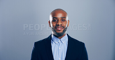 Buy stock photo Happy, black man or portrait with fashion for business attire, garment or style on a gray background. Face, businessman or African model with smile in suit for expression or self confidence in studio