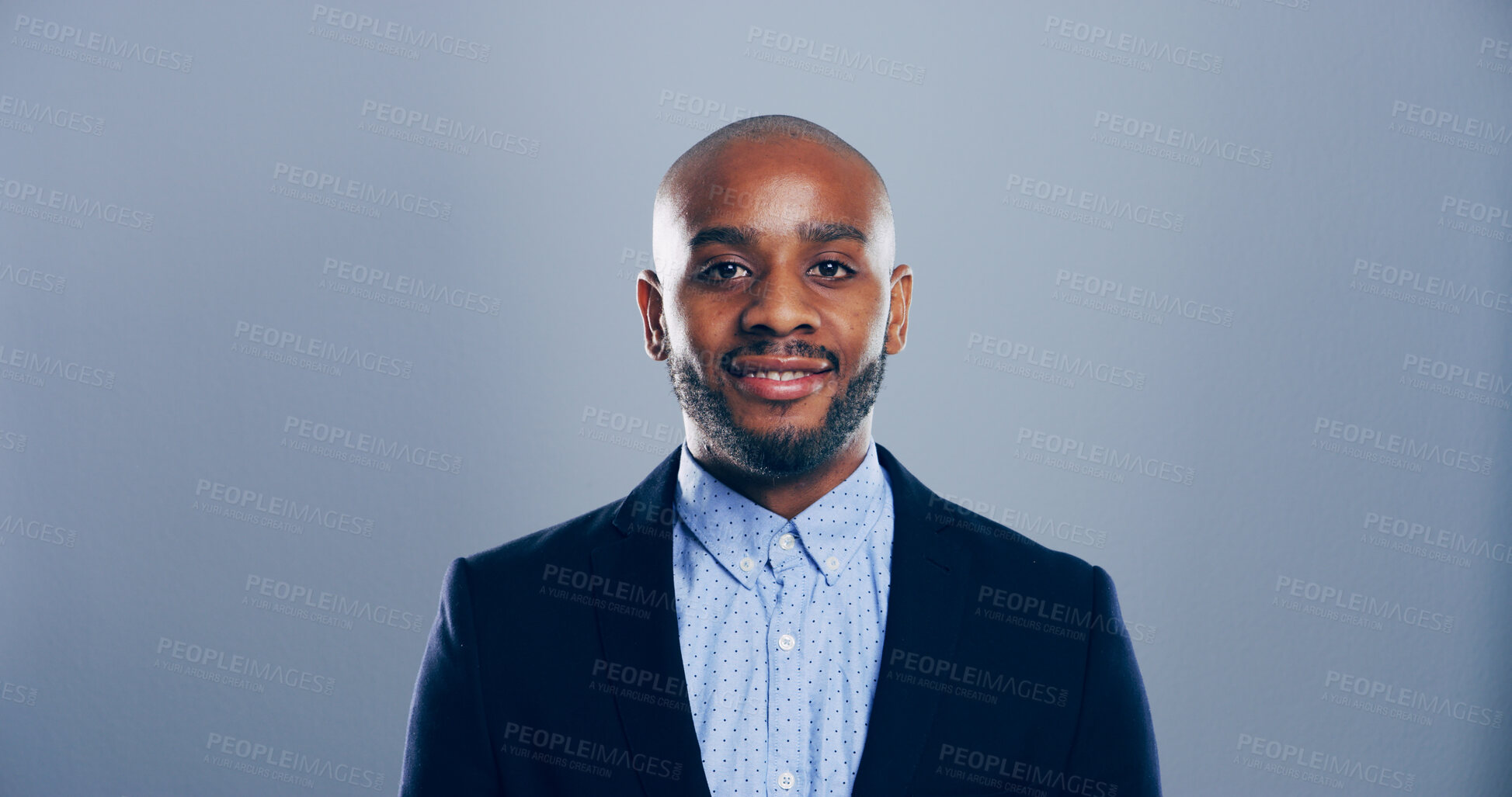 Buy stock photo Happy, black man or portrait with fashion for business attire, garment or style on a gray background. Face, businessman or African model with smile in suit for expression or self confidence in studio