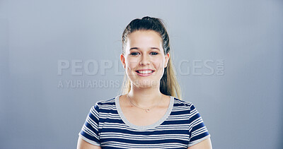 Buy stock photo Confident, creative and portrait of woman in studio with smile, mockup space and gen z girl. Opportunity, ambition and happy face of university student on gray background with pride, relax and future