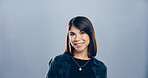 Space, creative and portrait of woman in studio with confidence, mockup and professional. About us, designer and happy face of small business owner on grey background with smile, pride and career
