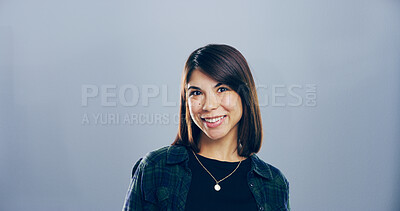 Buy stock photo Space, creative and portrait of woman in studio with confidence, mockup and professional. About us, designer and happy face of small business owner on grey background with smile, pride and career