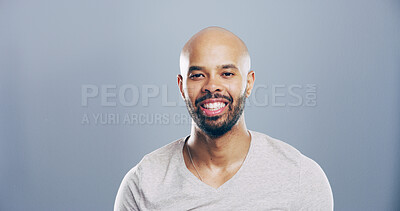 Buy stock photo Portrait, creative and man with smile, studio and excited for opportunity for freelancer or happiness. Gray background, mockup space and entrepreneur with career growth of business and web designer