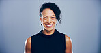Portrait, creative and business woman in studio, screenwriter and script author isolated on gray background space. Face, entrepreneur and happy person, confident professional and worker in Brazil