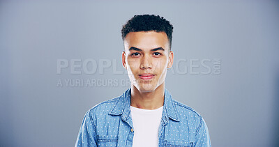 Buy stock photo Portrait, space and student with man in studio for development, education or learning. College, scholarship and university with confident person on gray background mockup for class enrolment