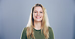 Portrait, space and student with happy woman in studio for development, education or learning. College, smile and university with person on gray background mockup for back to school scholarship