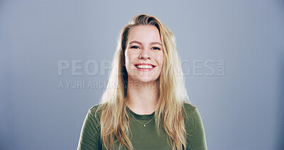 Buy stock photo Portrait, space and student with happy woman in studio for development, education or learning. College, smile and university with female person on gray background mockup for school scholarship